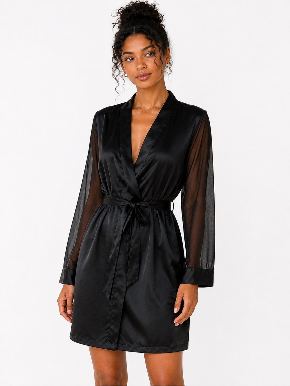 Elegant Black Satin Robe with Sheer Sleeves